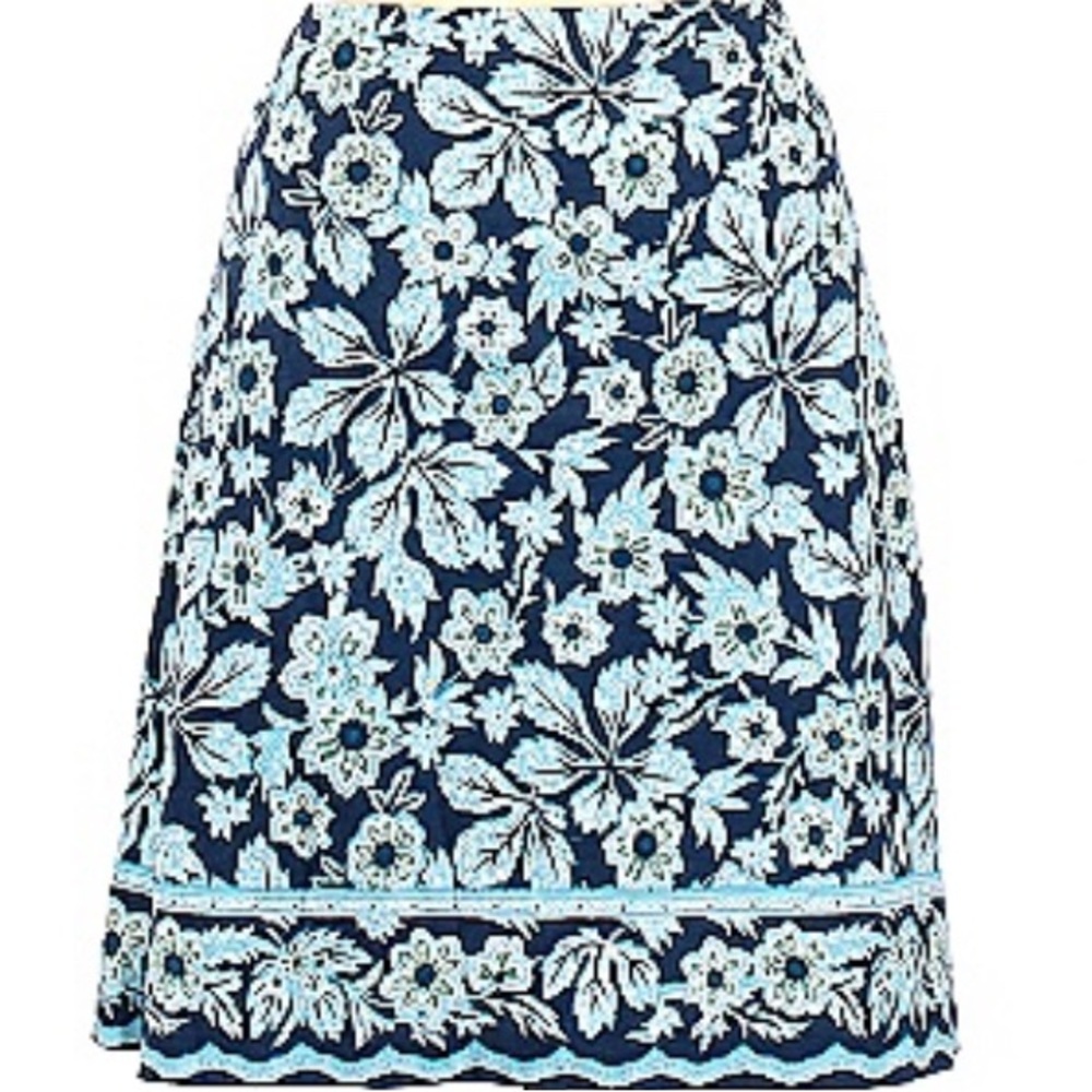 J Jill skirt Floral Blue Cotton Midi A-line Pockets Sz M Jersey Knee Lengrh